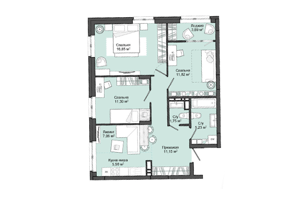 3-комнатная квартира 70,67 м² в Дом Маяк. Планировка